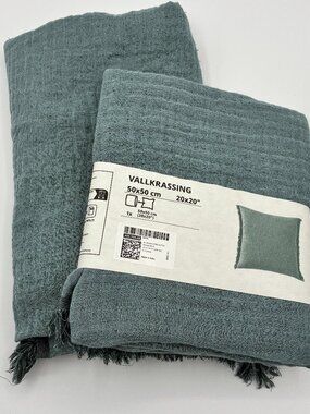NEW Ikea Vallkrassing 20x20 Pillow Covers Lot of 2 Blue Cotton Gauze Fringe